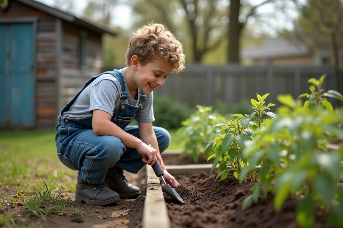 Adolescent plantant des tomates dans un jardin en extérieur