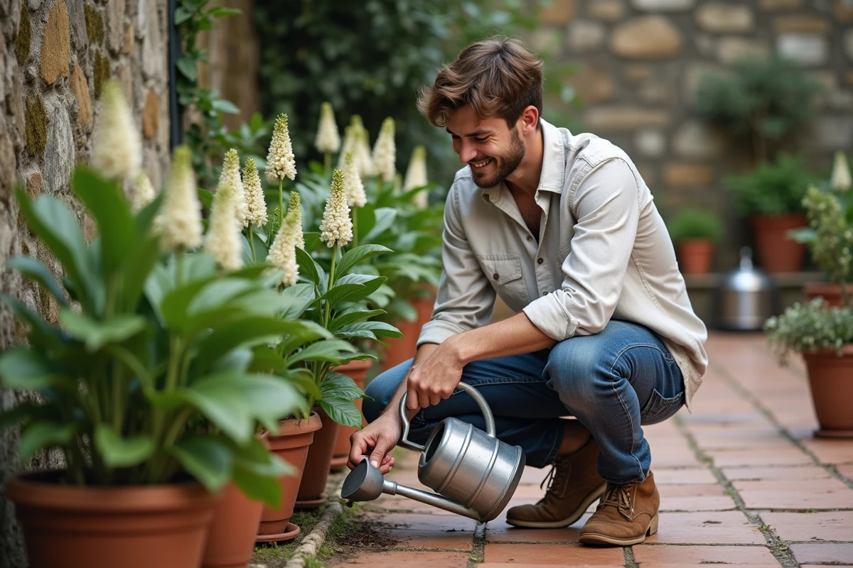 Jeune homme arrosant plantes Geraldton Wax sur patio rustique
