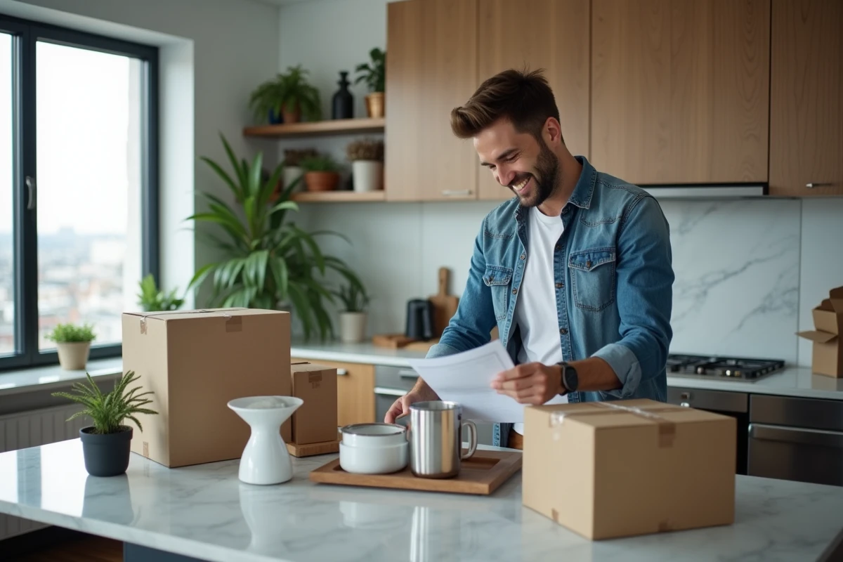 Jeune homme déballant gadgets de cuisine dans un appartement urbain
