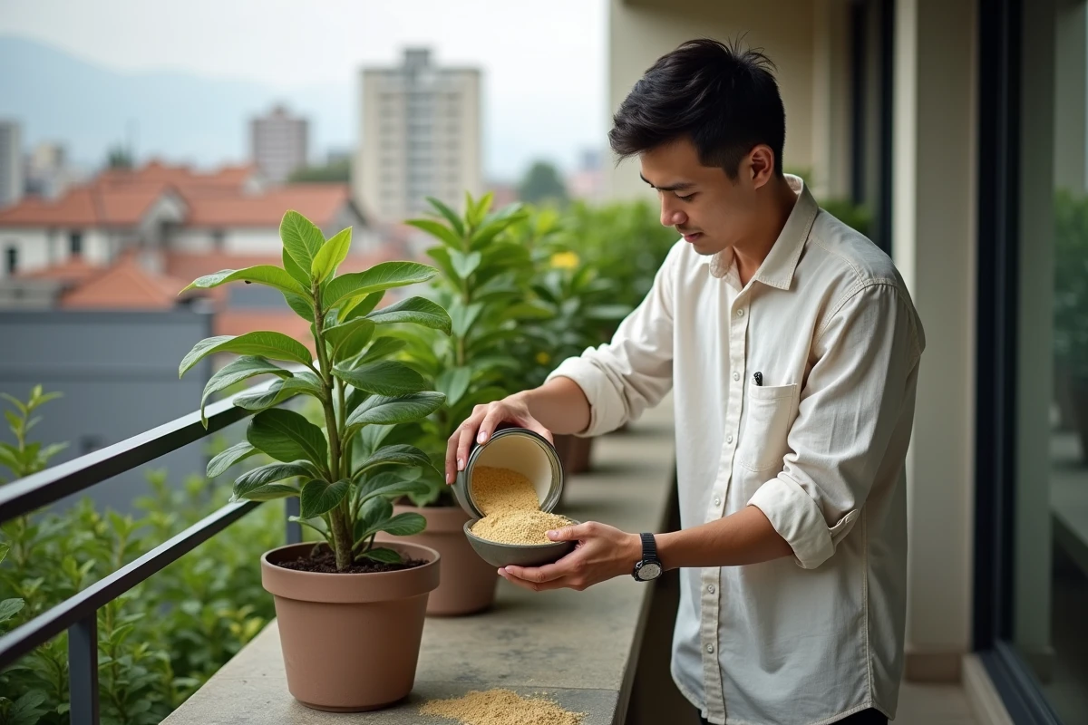 Jeune homme versant engrais banane dans un ficus sur balcon