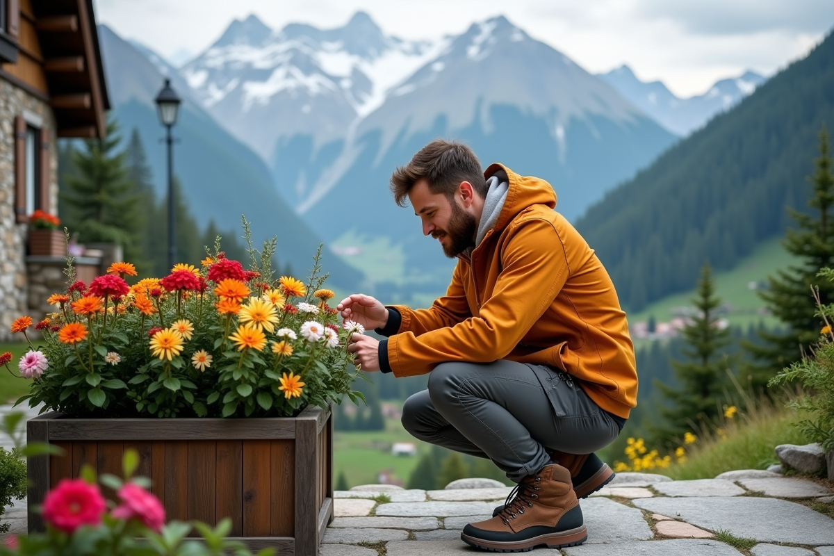 Jeune homme examinant des fleurs de montagne dans un jardin