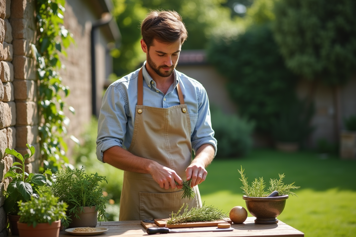 Jeune homme coupant des herbes dans un jardin ensoleille