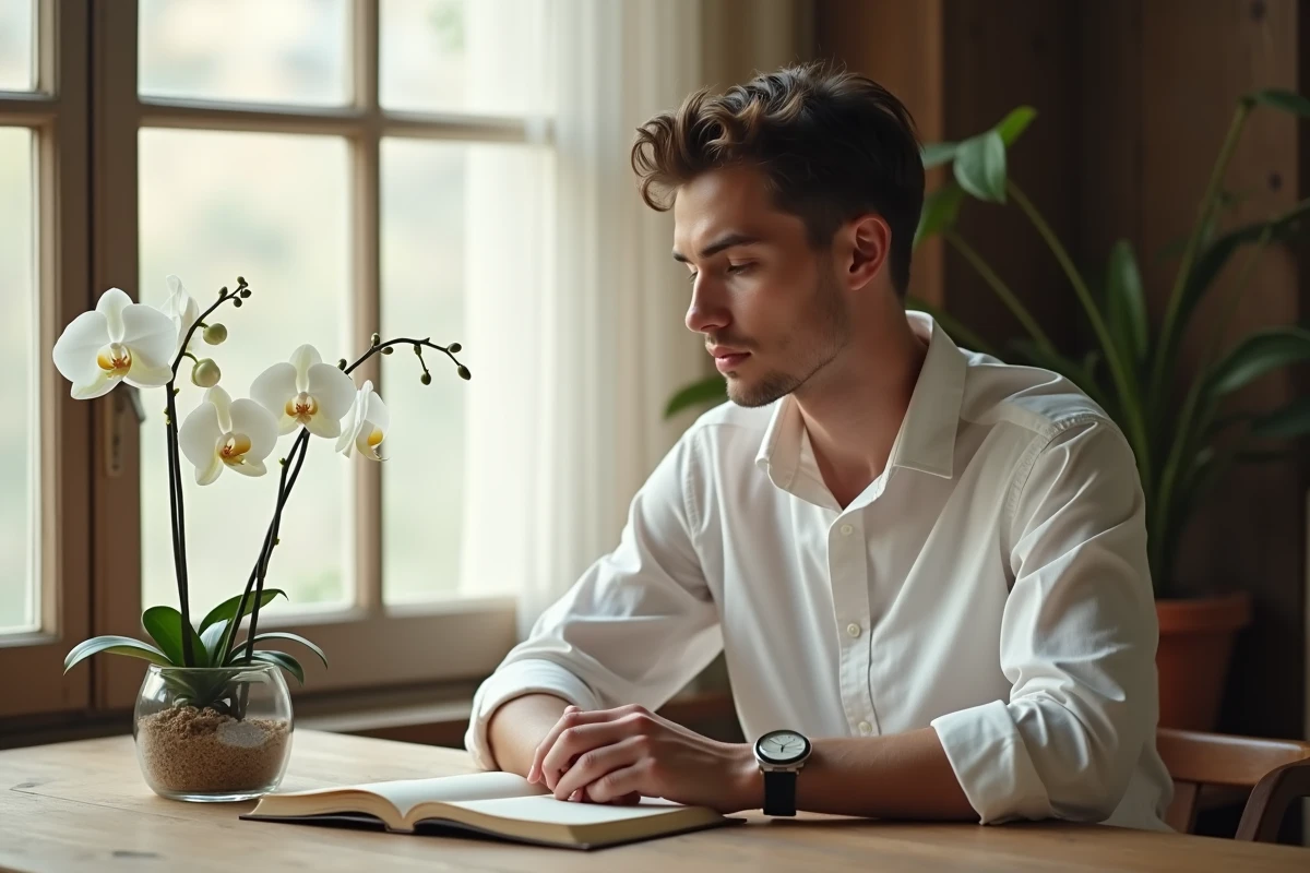 Jeune homme méditant avec orchidée et journal