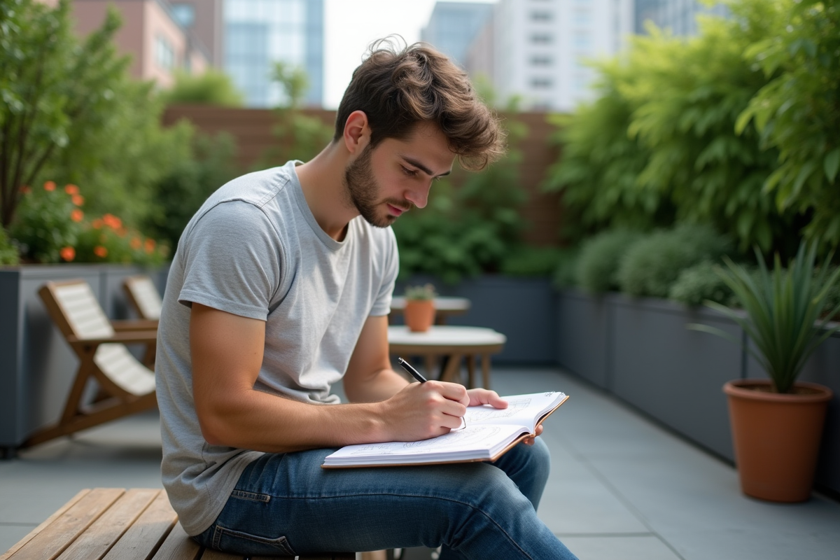 Jeune homme dessinant son projet de jardin sur un carnet