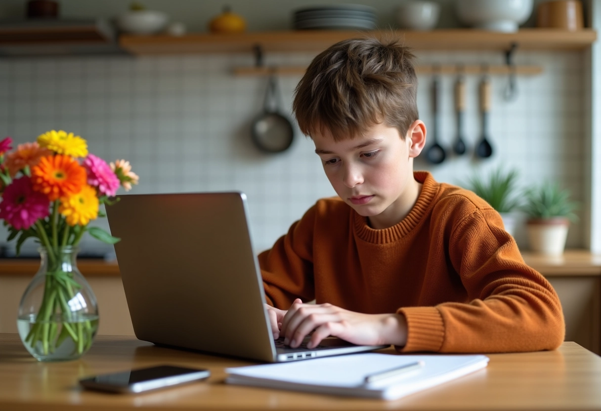 Adolescent recherchant des fleurs sur un ordinateur portable