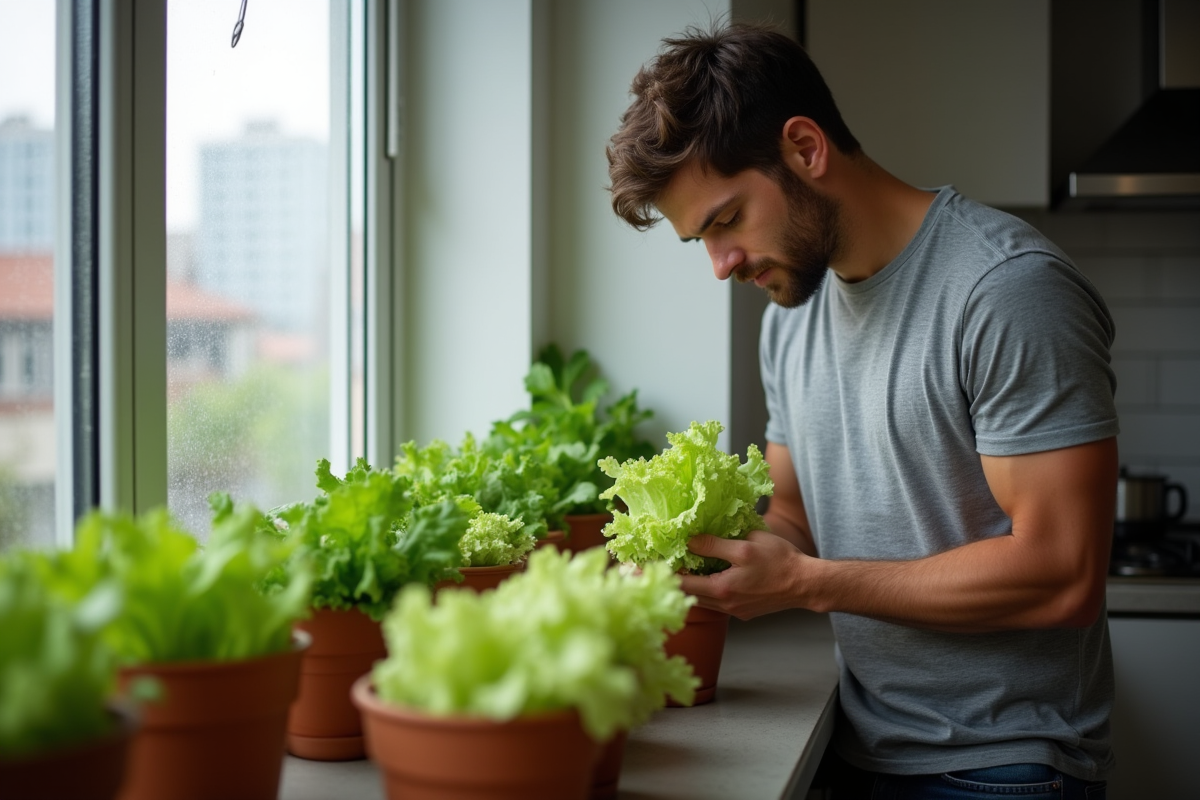 Jeune homme examinant des laitues en intérieur