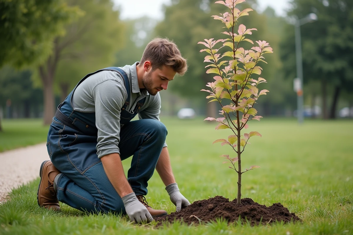 Jeune homme en overalls examinant un jeune arbre dans un parc