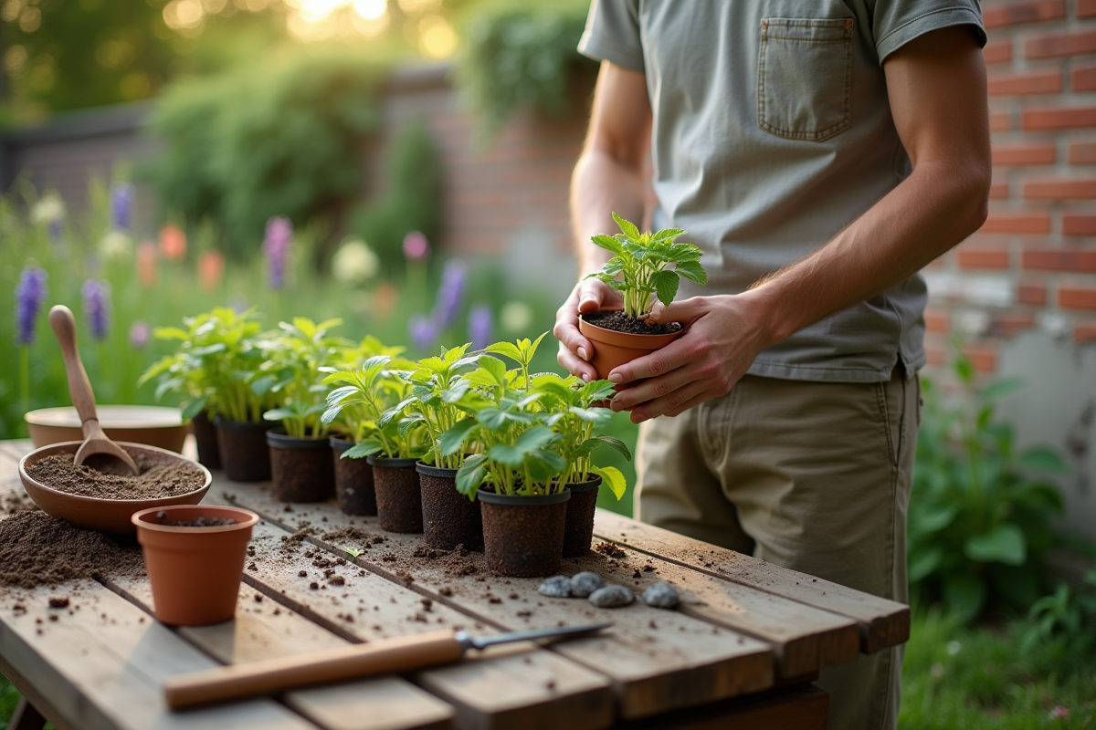 Jeune homme avec pot de semis dans un jardin en pleine nature