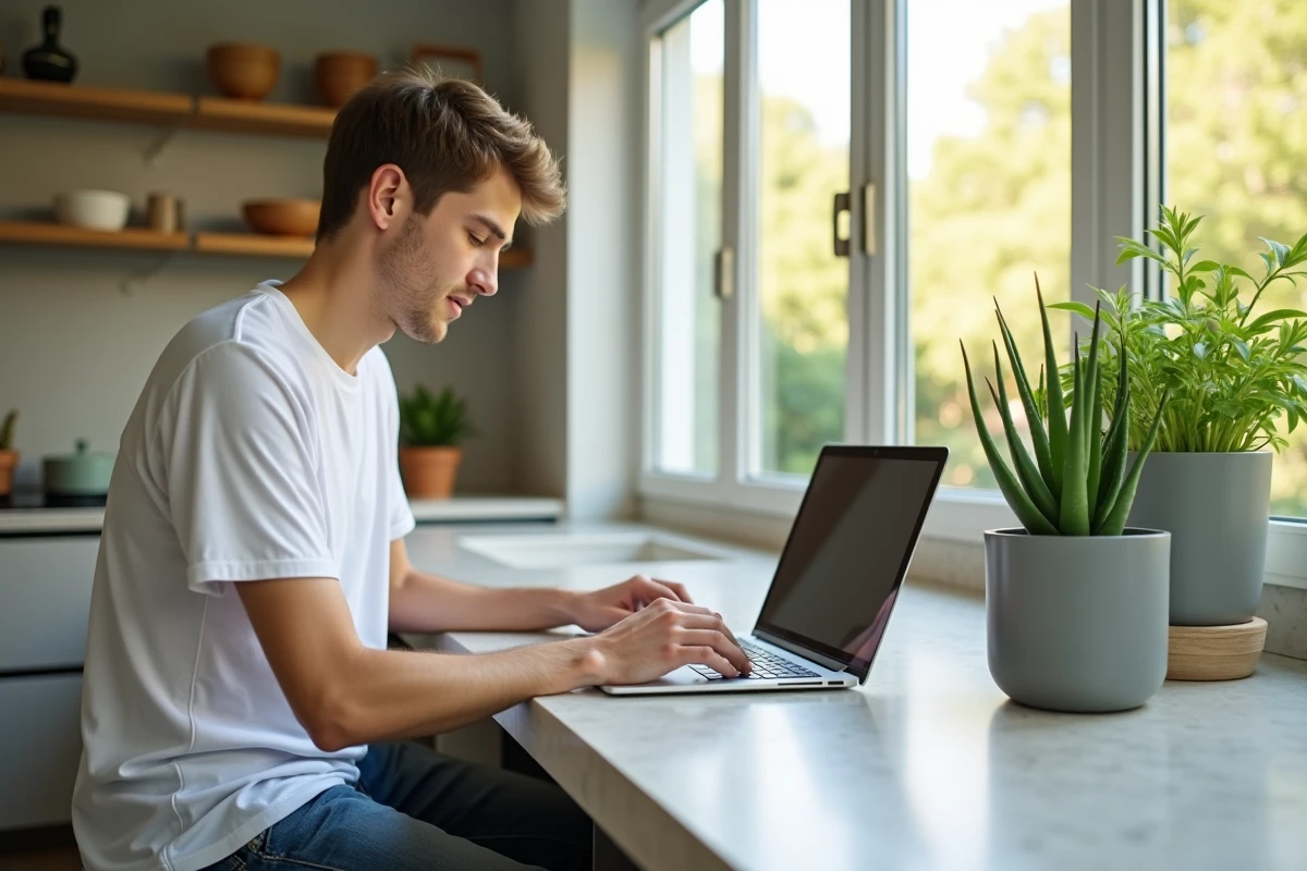 Jeune homme travaillant sur un ordinateur près d