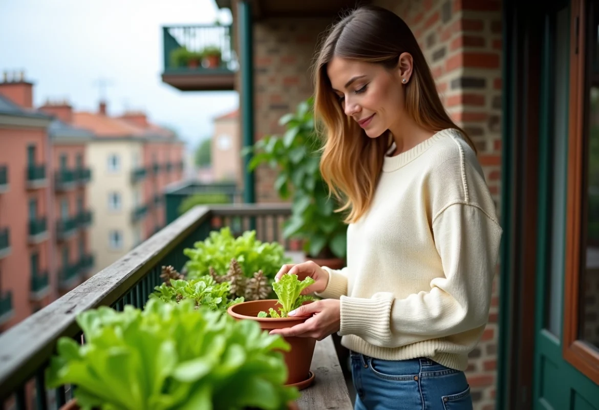Femme récoltant des feuilles de laitue sur un balcon urbain