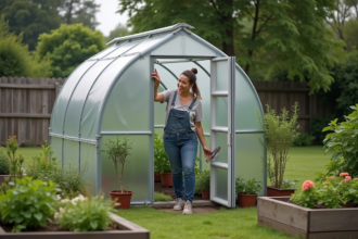 Femme d'âge moyen ouvrant une petite serre dans un jardin fleuri