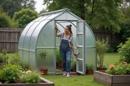 Femme d'âge moyen ouvrant une petite serre dans un jardin fleuri