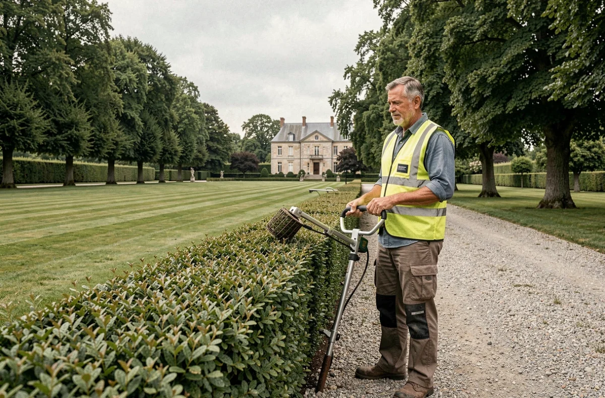 Chef de chantier de Klein Paysages supervisant la plantation d'une haie ornementale dans un grand domaine alsacien avec allée gravillonnée et manoir en fond