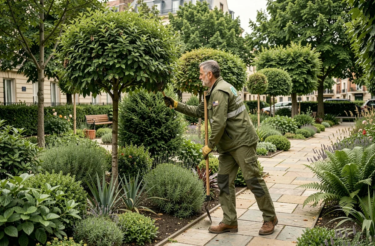 Professionnel de Lantana Ecosylva Paysage taillant des arbustes ornementaux dans un espace vert urbain soigné de la banlieue parisienne