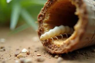 Larve de papillon palmier en gros plan sur la fibre interne d'un palmier endommagé