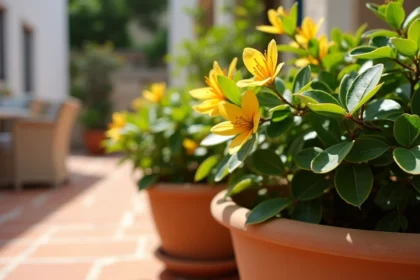 Laurier rose en pot avec des feuilles jaunes au printemps sur une terrasse méditerranéenne en carrelage terracotta