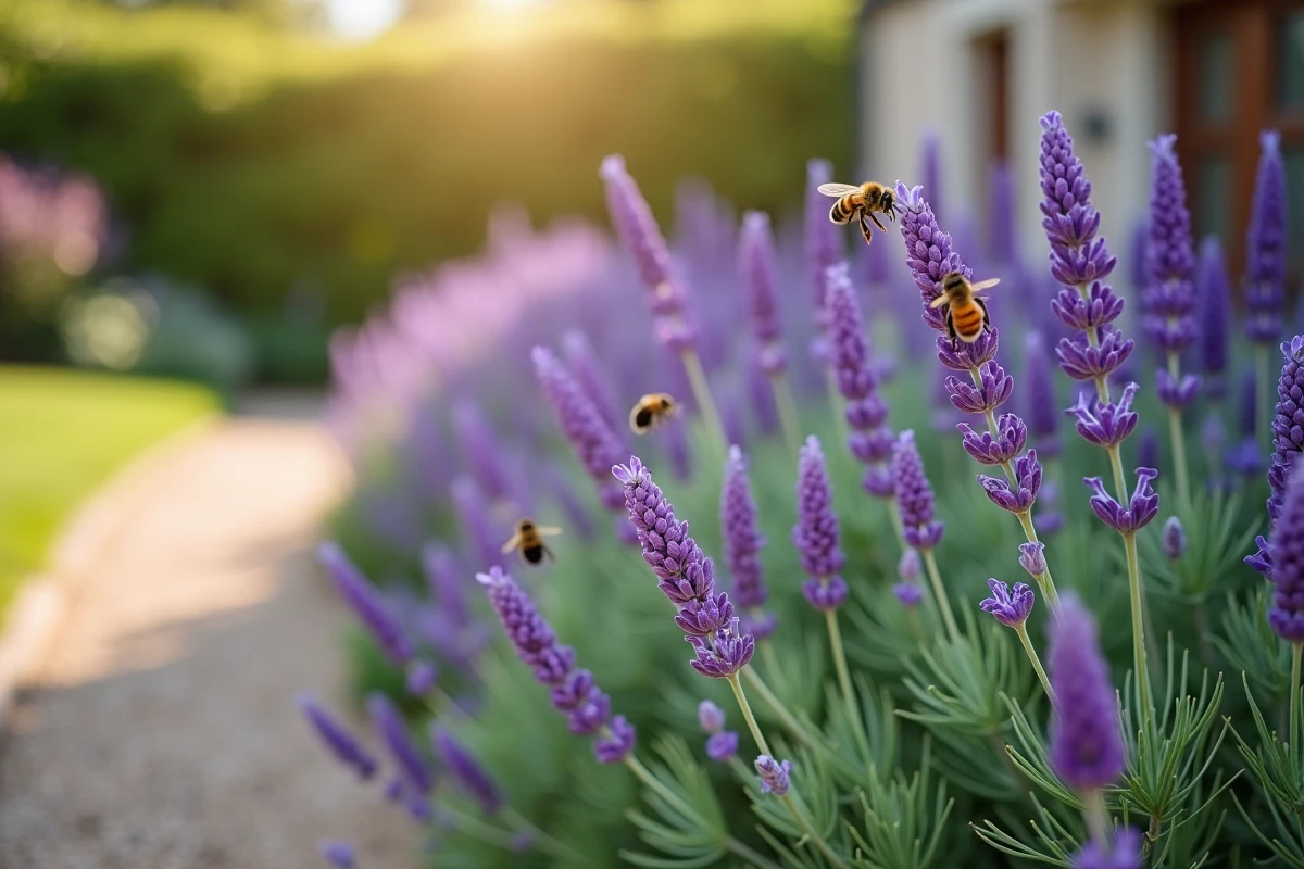 Pieds de lavande en fleurs attirant des abeilles dans un jardin de cottage avec chemin de gravier et plantes aromatiques