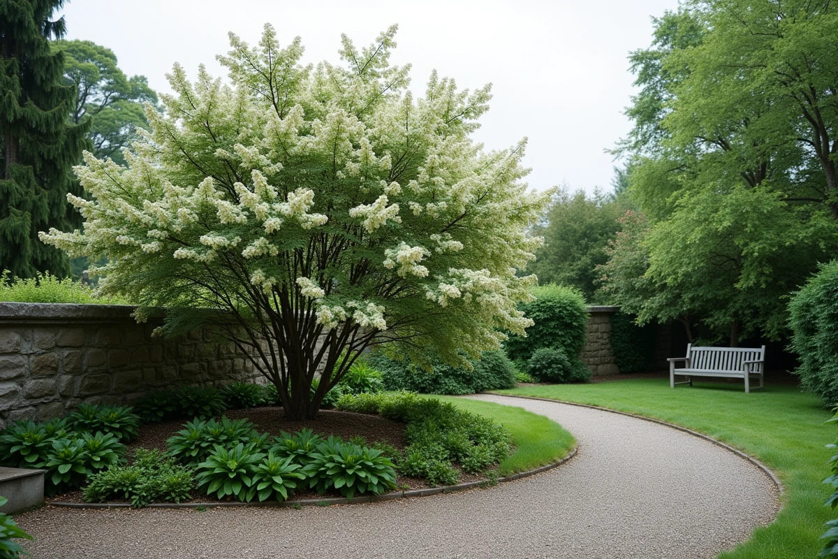 Lilas du Japon sans floraison dans un jardin à l'entretien négligé en été