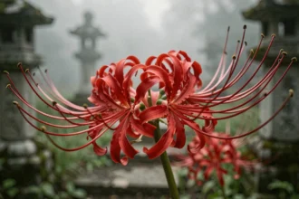Gros plan sur des fleurs de Lycoris radiata rouge sang en pleine floraison devant des lanternes japonaises en pierre dans un cimetière brumeux