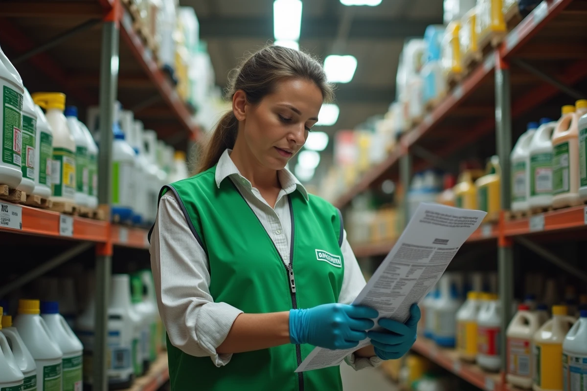 Femme consultant la fiche réglementaire d'un herbicide dans un magasin agricole, achat conforme aux normes