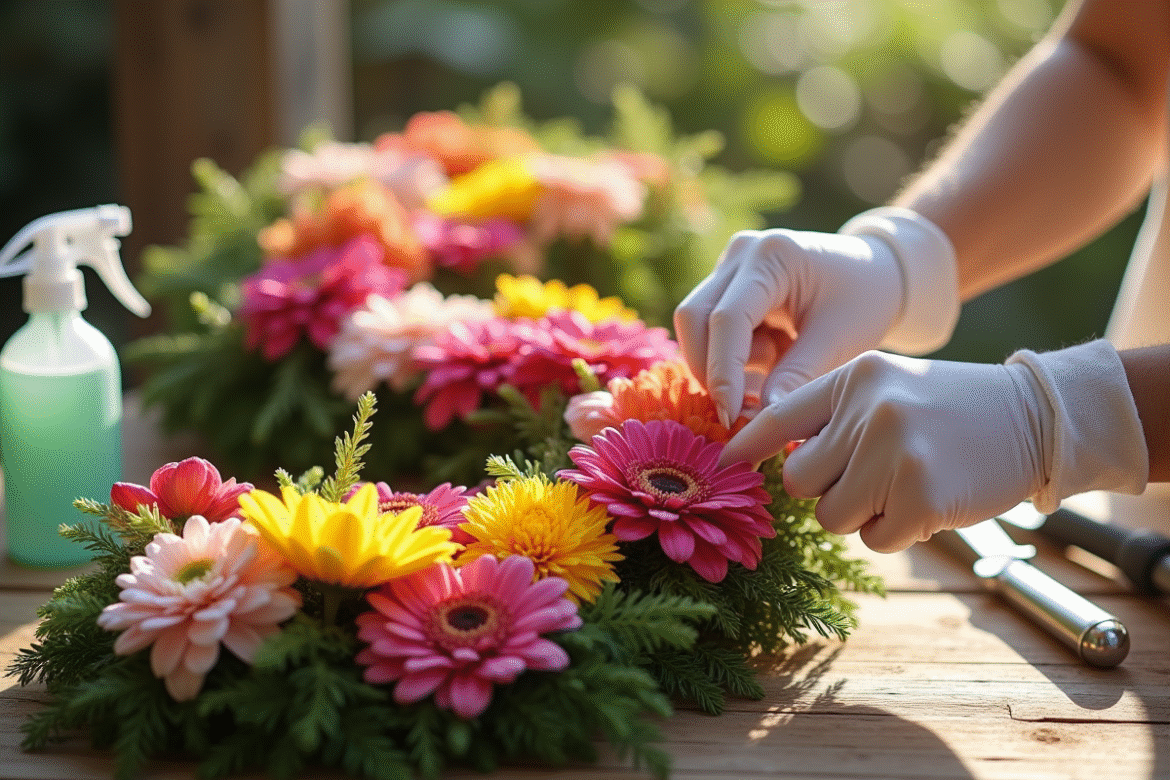 Mains gantées arrangeant des fleurs en S sur une table en bois