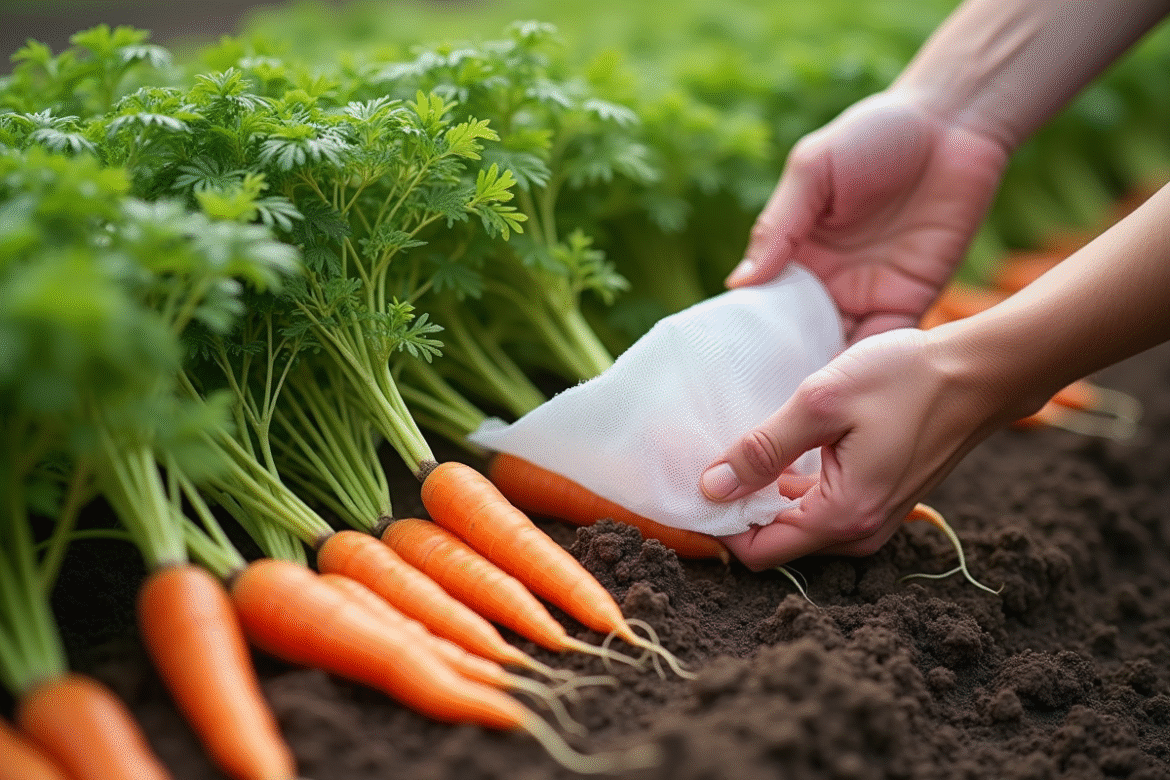 Mains retirant délicatement un filet horticole sur des carottes orange dans le jardin
