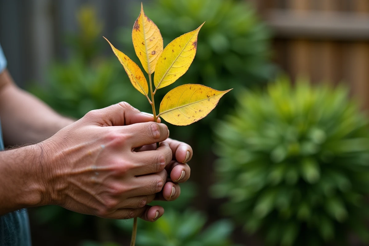 Mains d'un jardinier tenant une branche de laurier rose aux feuilles jaunissantes dans un jardin