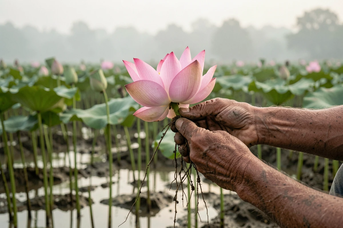 Mains ridées tenant une fleur de lotus rose avec ses racines boueuses dans une ferme de lotus au lever du jour