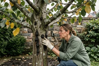 Femme examinant des lésions et symptômes de maladie sur l'écorce d'un mûrier platane dans un jardin