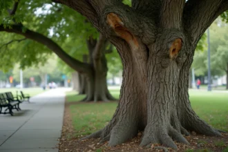 Tronc d'un platane atteint d'une maladie fongique avec des lésions sombres et une écorce qui se décolle dans un parc urbain
