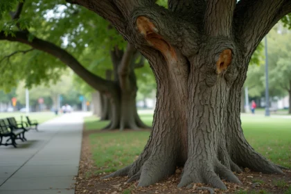 Tronc d'un platane atteint d'une maladie fongique avec des lésions sombres et une écorce qui se décolle dans un parc urbain