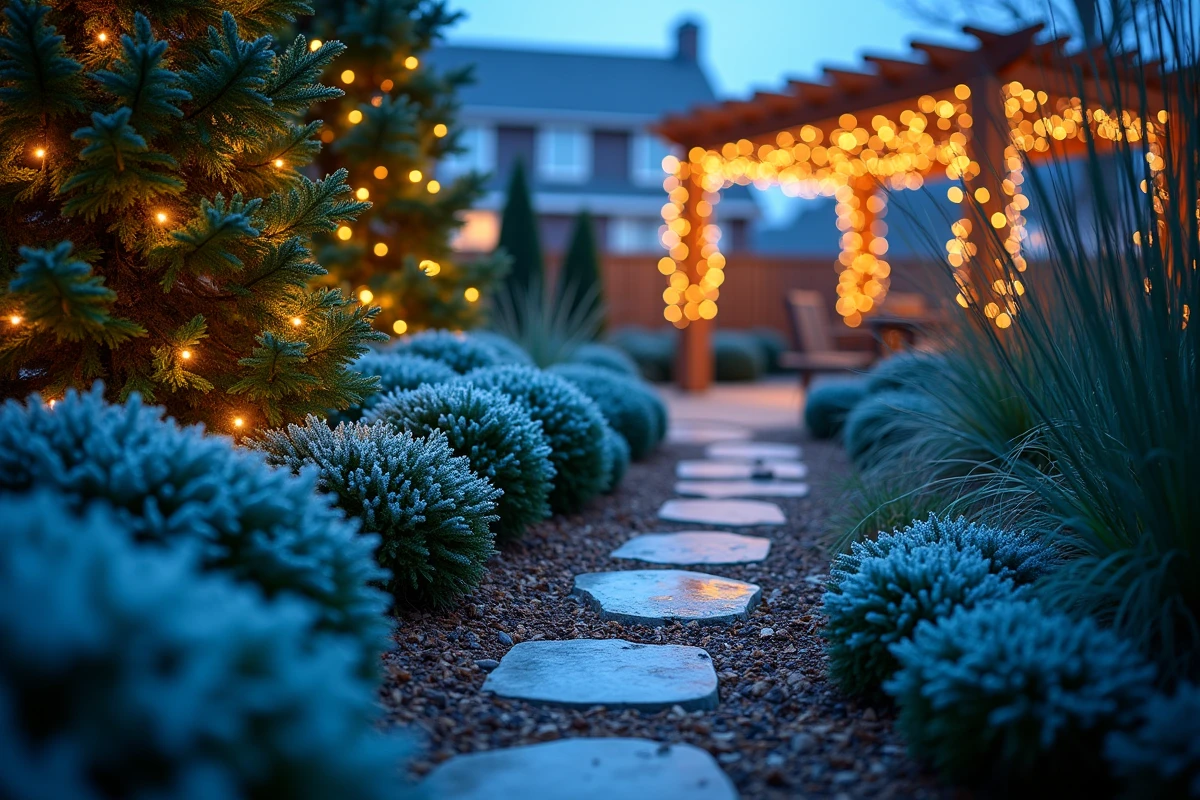 Massif de jardin illuminé de guirlandes LED bleues et ambrées pour la décoration de Noël extérieure