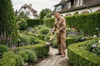 Jardinier professionnel entretenant un jardin paysager dans le Grand Est, avec haies taillées, allée en pierre et architecture alsacienne en arrière-plan