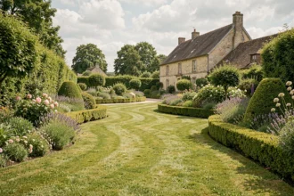 Vue d'ensemble d'un jardin paysager soigné en Maine-et-Loire avec une allée en gravier, des bordures fleuries et une maison en pierre anjouine en arrière-plan