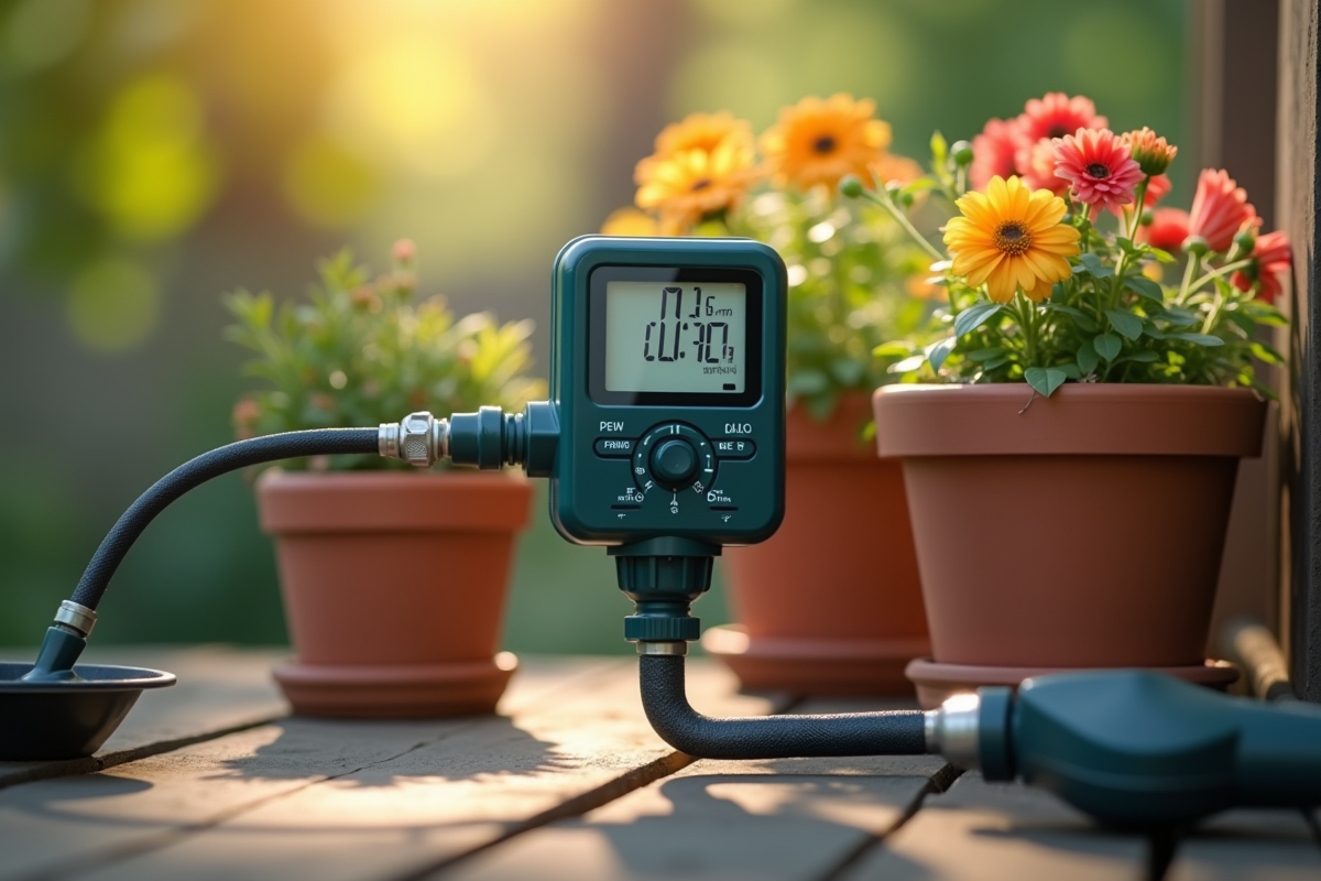 Minuteur digital d arrosage avec plantes et outils de jardinage