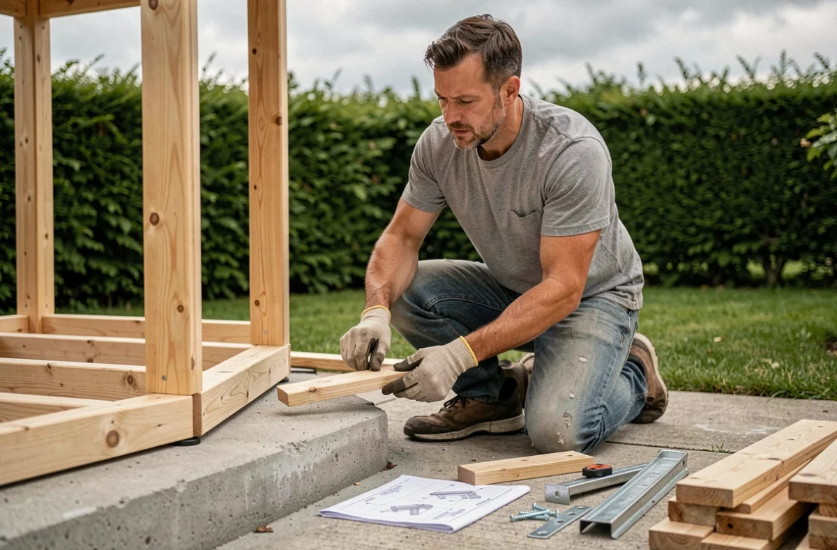 Homme assemblant un kit d'abri de jardin en bois avec des panneaux en pin sur une dalle en béton
