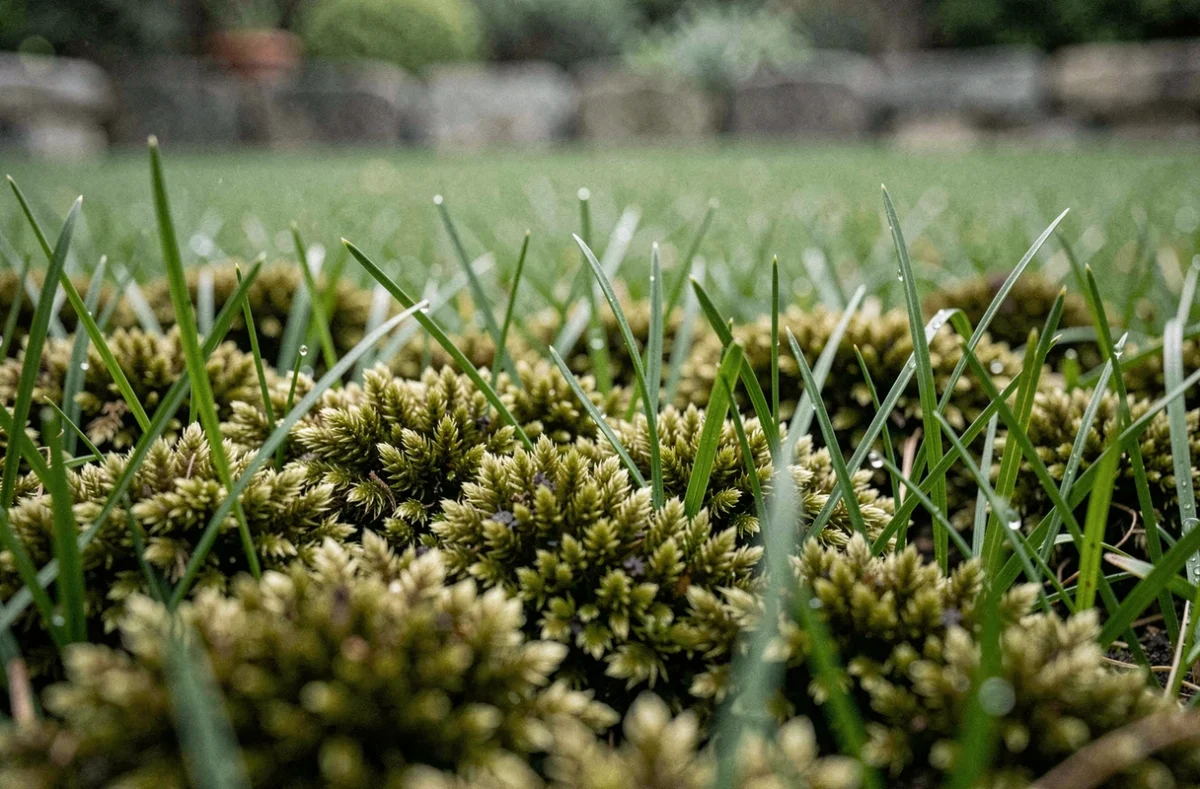 Gros plan sur la mousse tenace poussant entre les brins d'herbe d'une pelouse humide, montrant la texture dense du tapis de mousse