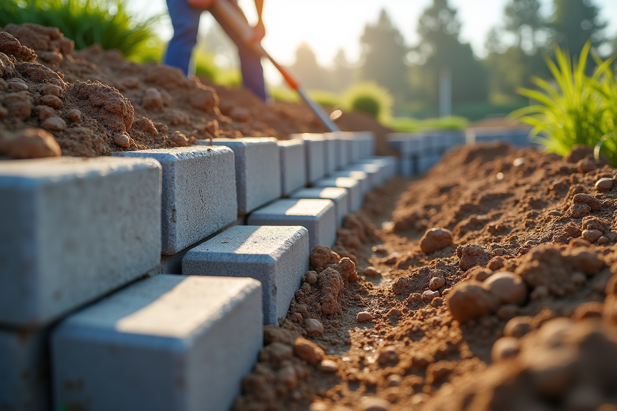 Pose de blocs de béton pour un mur de soutenement en terrain en pente