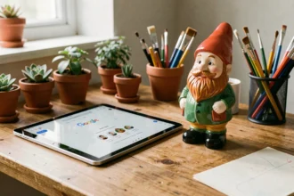 Nain de jardin coloré posé à côté d'une tablette affichant Google dans un espace créatif pour enfants