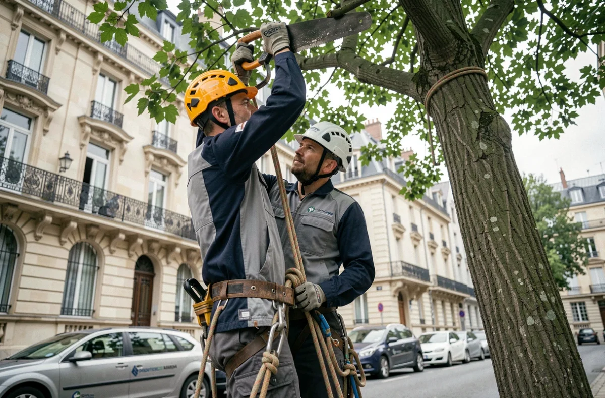 Élagueur de Naveri en uniformes gris et bleu marine taillant la cime d'un tilleul urbain à l'aide de cordes d'escalade dans une rue de Seine-Saint-Denis