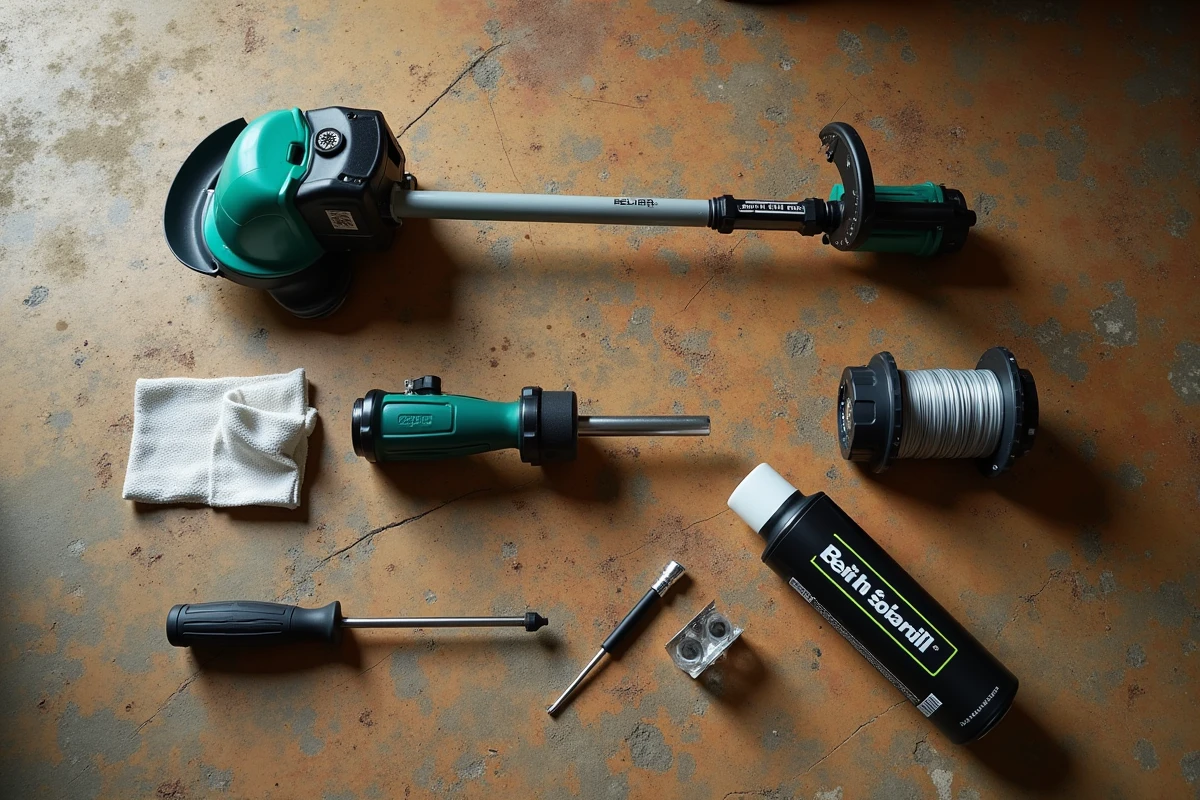 Vue de dessus des outils et accessoires nécessaires à l'entretien et au remplacement du fil d'un rotofil