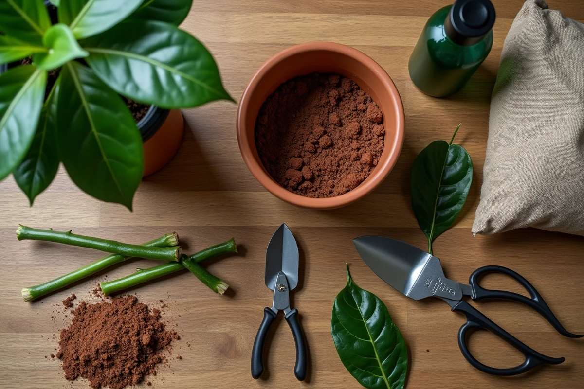 Vue à plat de tous les outils nécessaires pour rempotage d'un ficus benjamina : pot en terre cuite, terreau, billes d'argile, sécateur et branches de ficus sur une table en chêne rustique