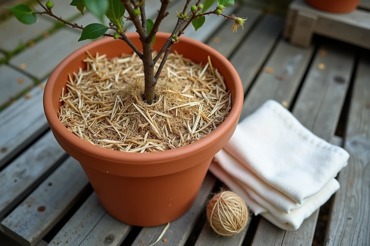 Paillage de feuilles sèches au pied d'un hibiscus en pot avec voile d'hivernage et ficelle pour protection hivernale