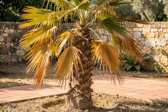 Palmier jaune en pleine terre avec des frondes tombantes et jaunissantes dans un jardin méditerranéen