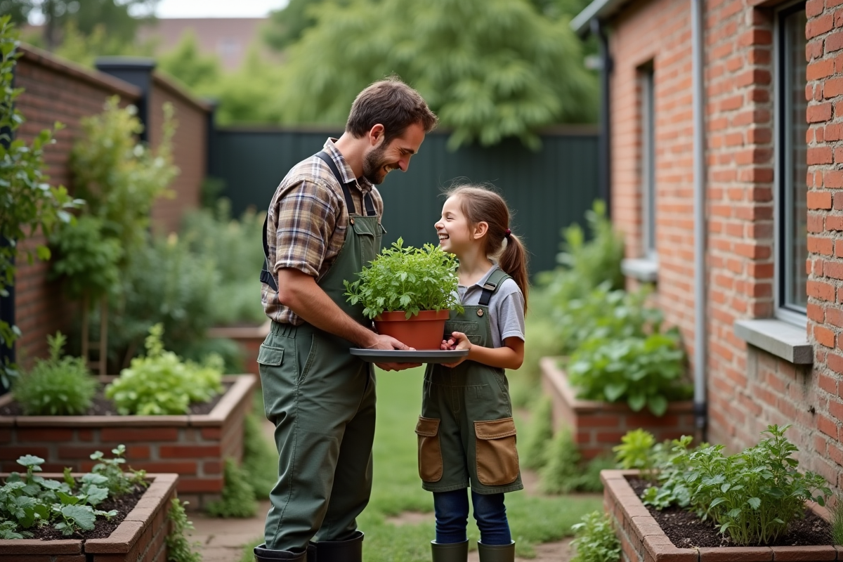 Père et fille dans leur jardin urbain avec des herbes