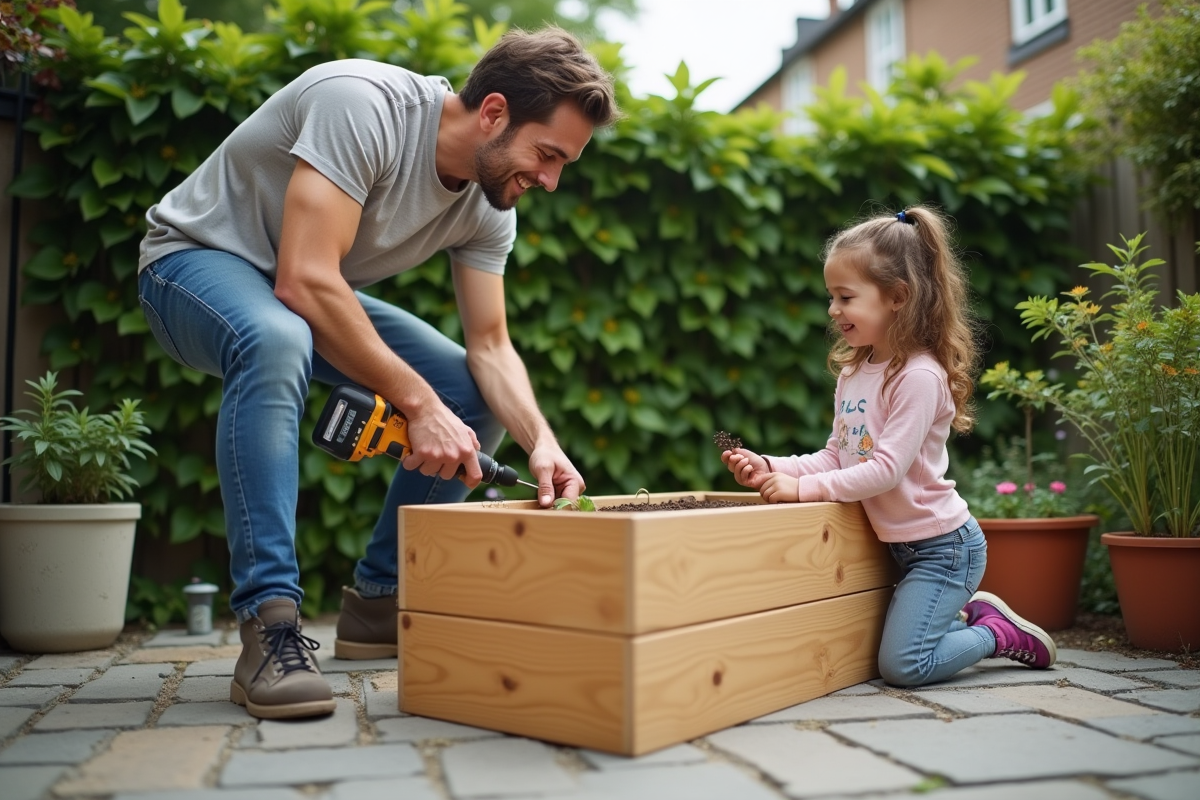 Père jeune assemble une caisse de jardin avec sa fille dans un patio urbain