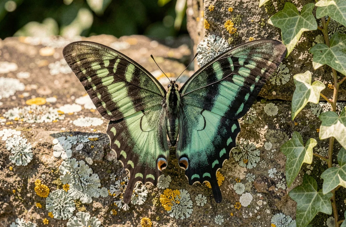 Papillon vert et noir aux ailes déployées posé sur un mur en pierre recouvert de lichen dans un jardin