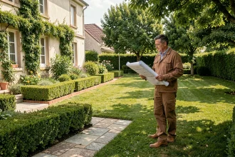 Paysagiste professionnel inspectant un jardin entretenu en banlieue parisienne dans le Val-de-Marne