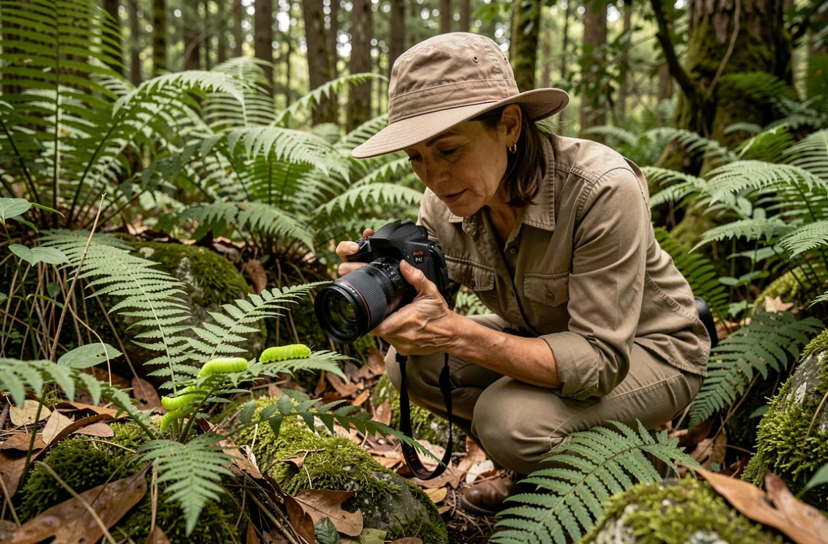 Photographe naturaliste femme en train de photographier une chenille verte fluo sur une fougère en forêt