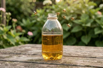 Piège à guêpes artisanal fabriqué avec une bouteille en plastique coupée contenant un appât liquide doré, posé sur une table de jardin en bois